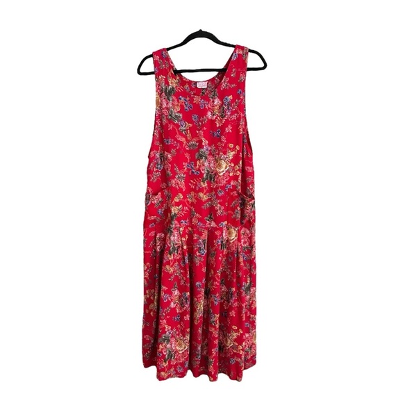 April CORNELL TRADING Vintage 70s Red Floral Dress MIDI Dress Cottagecore Medium